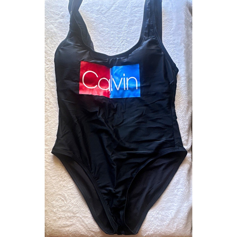 Calvin Klein Women’s One-Piece Swimsuit Black Solid Logo Lined Stretch S/P